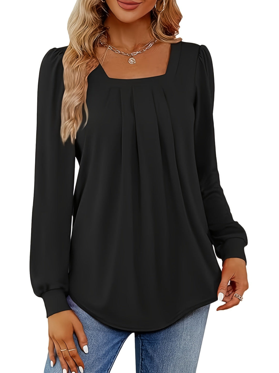 Astralis™ | Elegant Blouse with Square Neckline and Pleats
