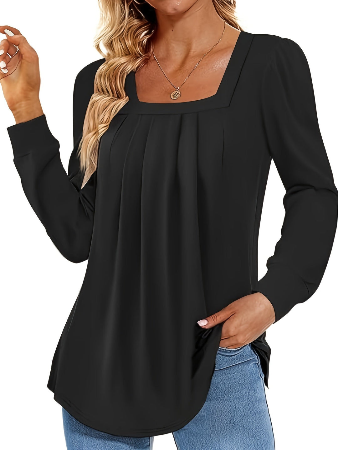 Astralis™ | Elegant Blouse with Square Neckline and Pleats